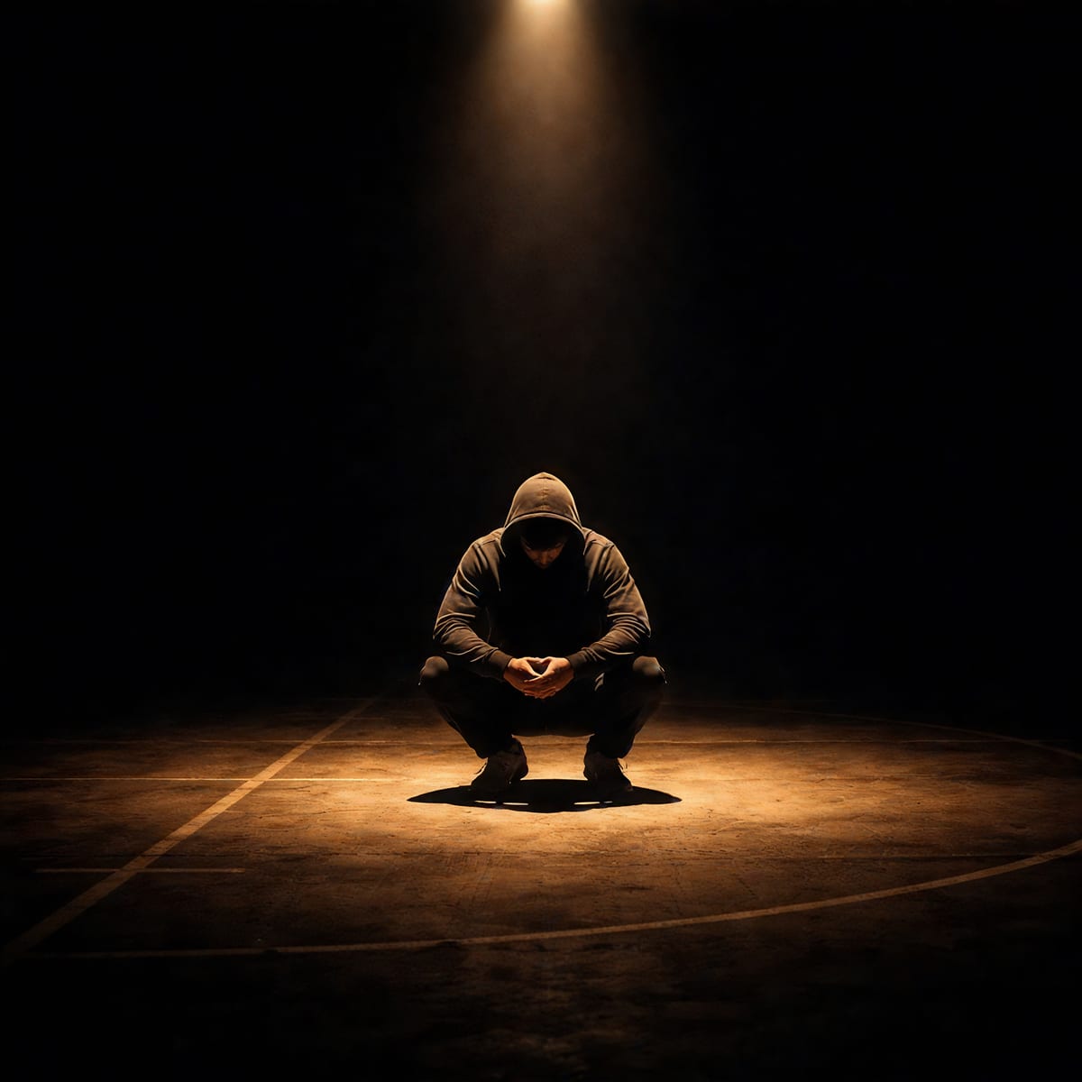 Album cover for No Longer Running by BURNWIRE — a hooded figure crouched in a pool of warm orange-red spotlight at the center of an otherwise dark, empty floor